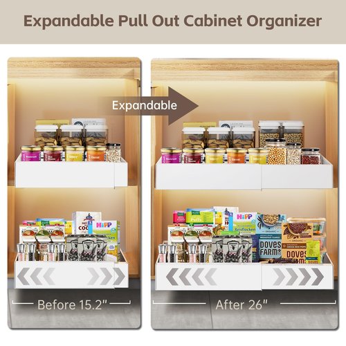 Bifixia 2Pack Expandable Pull Out Cabinet Organizer 21" Deep - Sliding Drawer Organizer Roll Out Shelves Adhesive - Adjustable Width 15.2"-26.2" W (White)