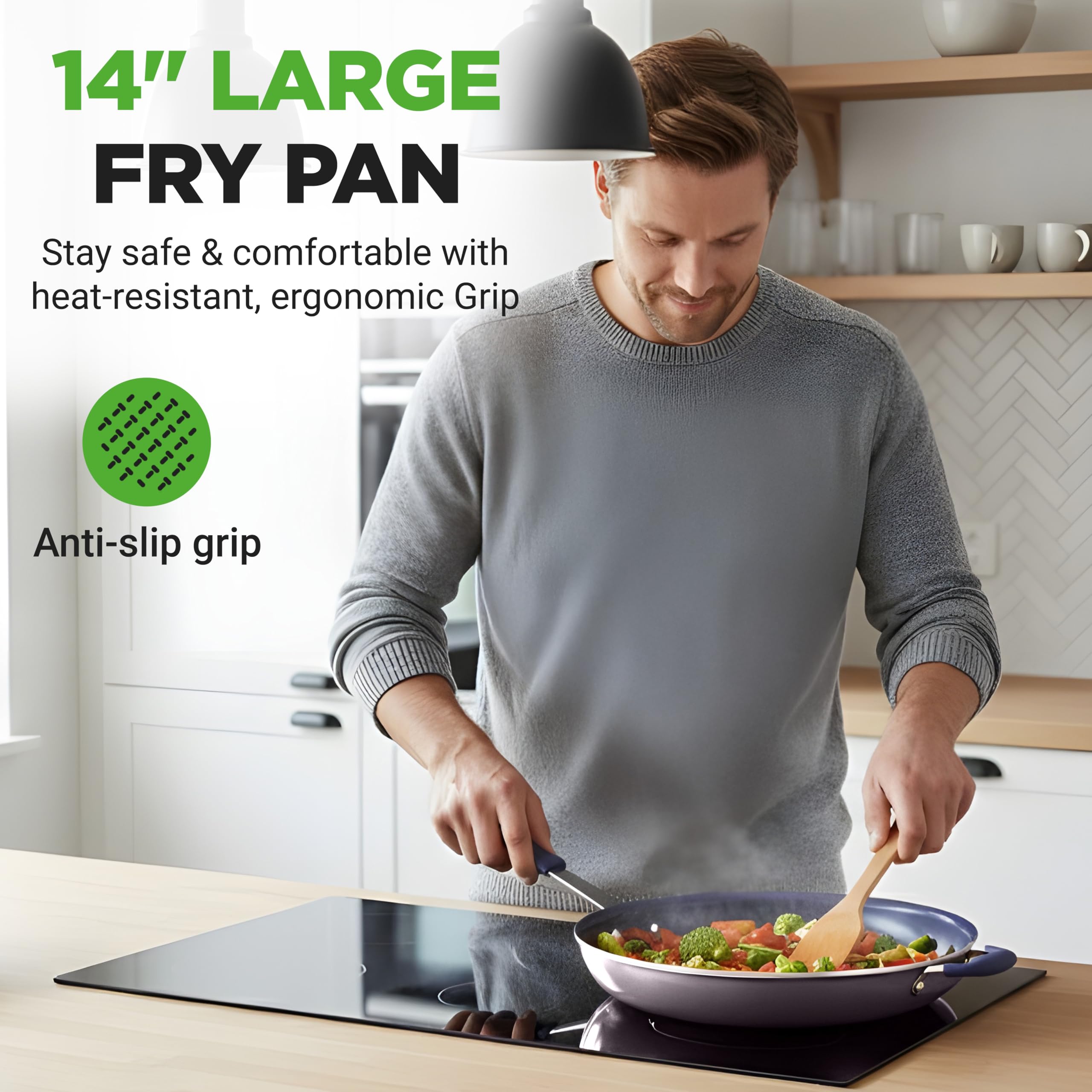 NutriChef 14" Fry Pan With Lid - Extra Large Skillet Nonstick Frying Pan with Silicone Handle, Ceramic Coating, Blue Silicone Handle, Stain-Resistant And Easy To Clean, Professional Home Cookware