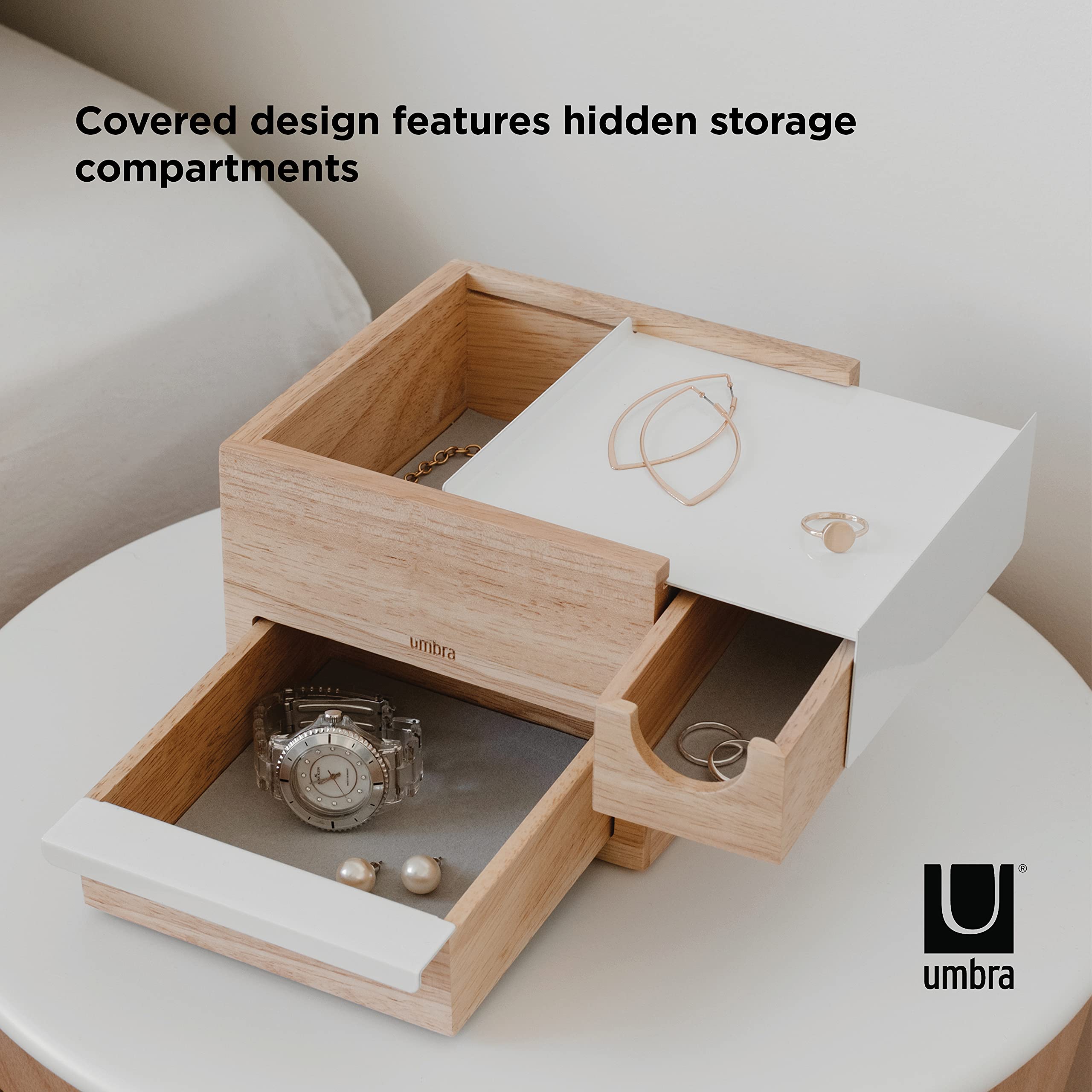 Umbra Mini Stowit Jewelry Box - Modern Keepsake Storage Organizer with Hidden Compartment Drawers for Ring, Bracelet, Watch, Necklace, Earrings, and Accessories (White/Natural)