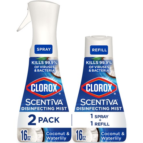 Clorox Scentiva Disinfecting Mist, Coconut and Waterlily, 1 Spray and 1 Refill, 16 oz Each