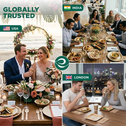 ECO SOUL Palm Leaf Like Bamboo Plates, 10 Inch Round, 200 Pack, Bulk Disposable Dinner Plates, Compostable Biodegradable Natural Wooden Dinnerware for Parties, Weddings & Catering Events