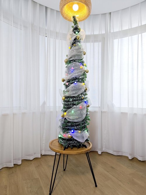 5FT Pop-Up Christmas Tree with 10-inch X 1.6 Feet Metallic Mesh Ribbon, Multi-Color 50 LED String Lights，10 Decorative Balls for DIY, Ideal for Indoor/Outdoor Christmas Decoration