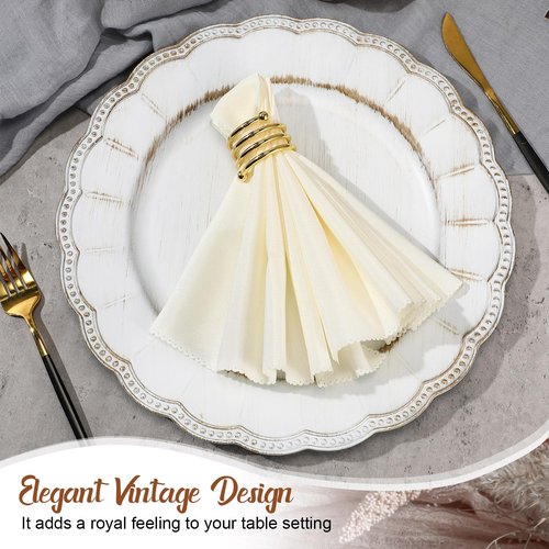 Dandat 18 Pcs Antique Charger Plates 13'' Retro Dinner Round Bead Rim Heavyweight Embossed Plastic Disposable Plate for Wedding Bridal Anniversary Easter First Communion Birthday(White)