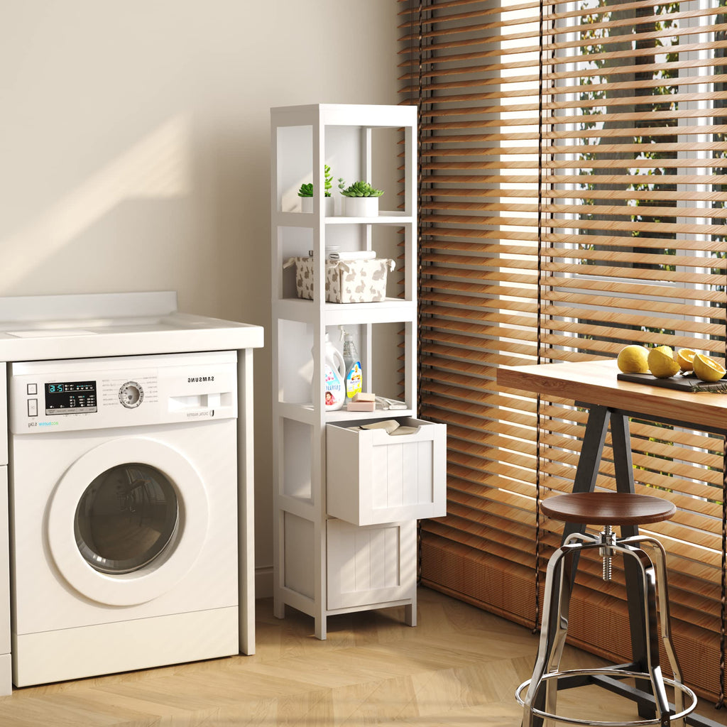 HOMEFORT Bathroom Storage Cabinet, Slim Tall Cabinet, Narrow Floor Cabinet Organizer, Wooden Linen Tower with 2 Drawers and 3 Shelves, Freestanding Cupboard White