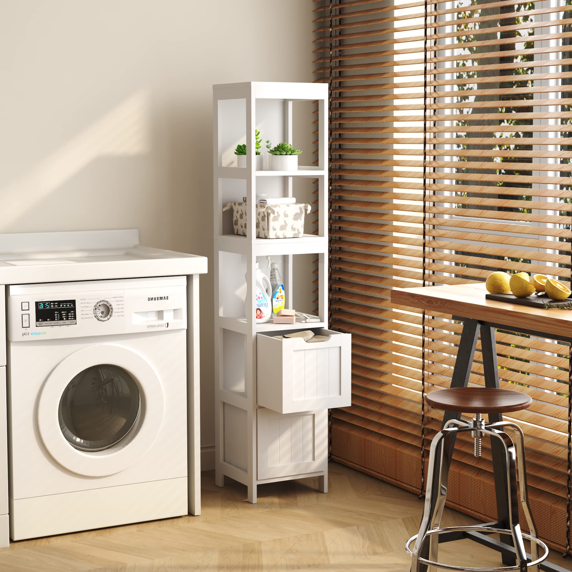 HOMEFORT Bathroom Storage Cabinet, Slim Tall Cabinet, Narrow Floor Cabinet Organizer, Wooden Linen Tower with 2 Drawers and 3 Shelves, Freestanding Cupboard White