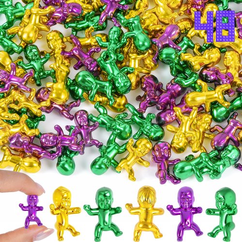 jojnawa 48 PCS King Cake Babies 1 Inch – Mardi Gras Baby for King Cake, Tiny Babies for Baby Shower Favors & Mardi Gras Party Decorations, Purple Green Gold, 48 Pack