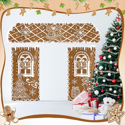HunnmingRe Christmas Gingerbread House Decorations - 3 Pcs Door Covers & Backdrop for Holiday Photography | Snowflakes Style