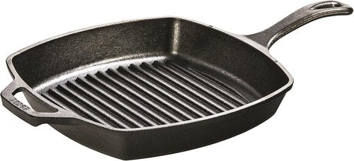 Lodge Square Cast Iron Grill Pan - Pre-Seasoned Skillet for Perfectly Grilled Burgers - 10.5 Inches