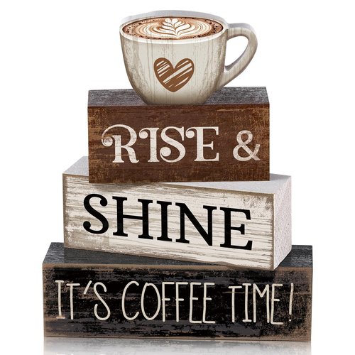 Moucuny 4 Pcs Farmhouse Coffee Bar Sign Decor Wooden Cup Rise & Shine It's Coffee Time Rustic Wood Cafe Sign Gift for Home Kitchen Tabletop Decor