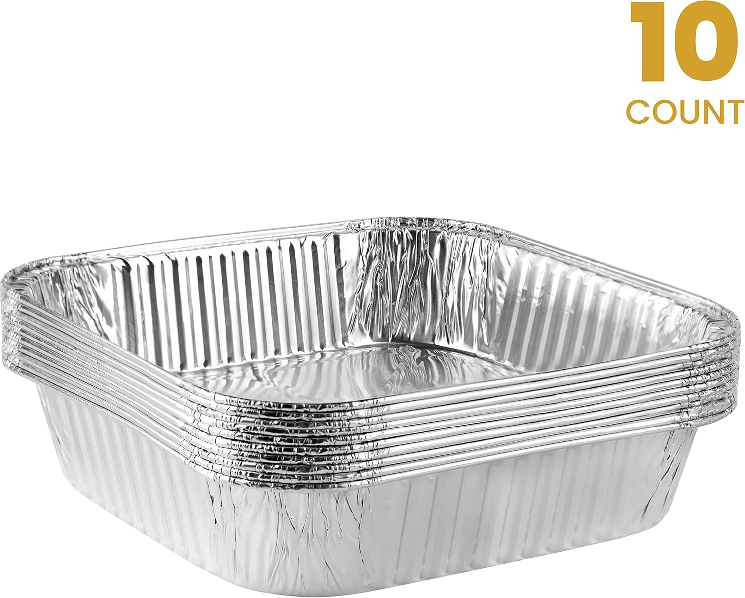 PLASTICPRO Disposable Aluminum Baking Pans - 8'' Square Foil Cookware for Cakes & Meatloaf | Pack of 10