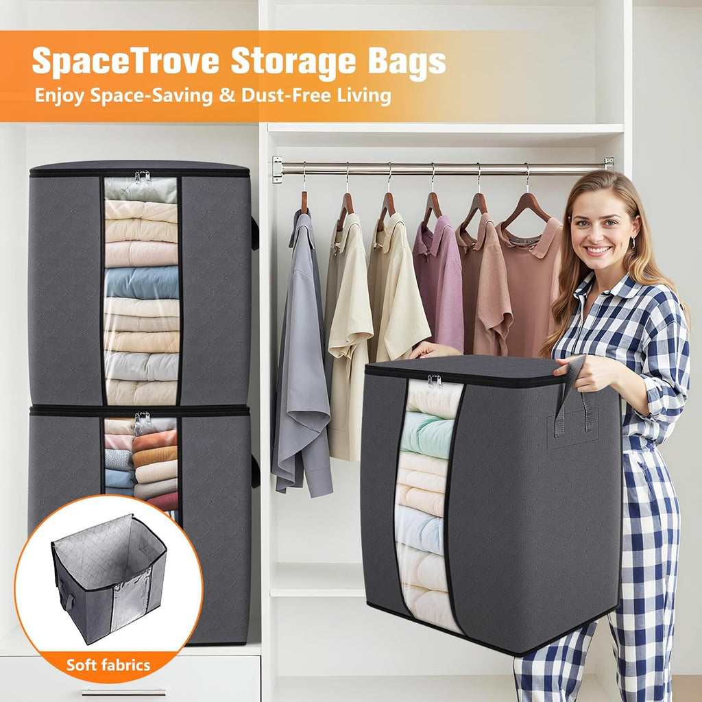 SpaceTrove Clothes Storage Bags - 80L Large Capacity Organizers with Visual Window | 6-Pack Grey Bedding Containers