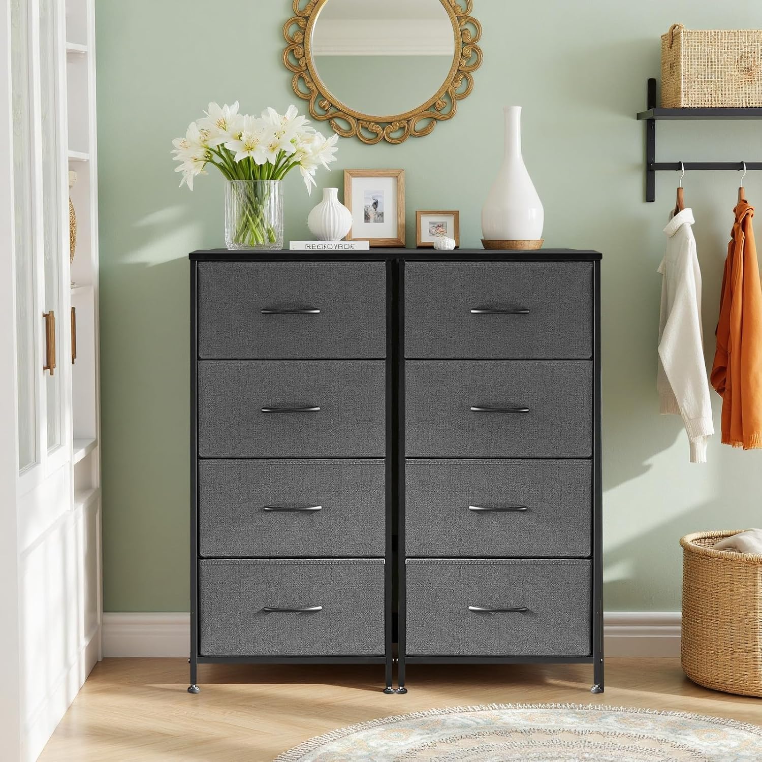 Regine Switzerland Nightstand - 4 Drawer Dresser with Wooden Top & Steel Frame | Gray Fabric Bins for Bedroom & Living Room