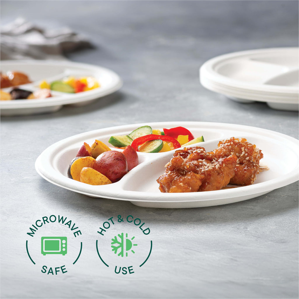 100% Compostable, 3 Compartment [10-Inch] Disposable Paper Plates [125-Pack] Sectional Lunch Trays + Dividers - Divided Platter Tray - Heavy Duty Biodegradable Bagasse (BPA-Certified) (PFAS-Free)