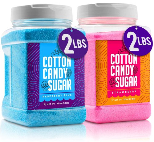 The Candery Cotton Candy Floss Sugar 32oz (2-Pack) Includes | Raspberry Blue and Strawberry | Plastic, Reusable Jars | Easy Pour Spout or Scoop | 2 LBS Jars