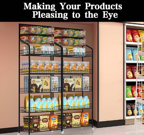 lesolar Retail Snack Display Stand, 5 Tier Snack Candy Potato Chip Display Rack Stand with Wheels & Hooks, Metal Wire Storage Shelves Heavy Duty, Snack Organizer Concession Stand Display Supplies