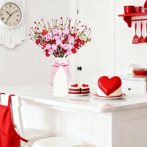 MAINGKAUNG Valentines Day Decorations 12 Pack Valentines Day Artificial Flowers 17 Inch Valentine's Picks with Red Roses Flower Pink Love Heart Berries for Valentine Wedding Anniversary Party Decor