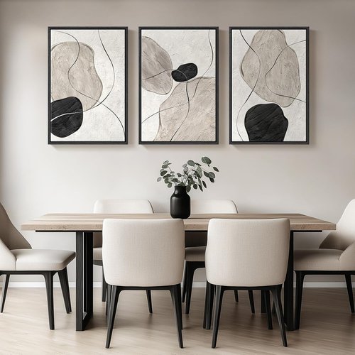 Framed Black and White Abstract Wall Art - Large 3 Piece Minimalist Canvas Set | Modern Home Decor 24x36 In