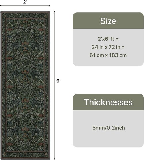 GENIMO 2x6 Runner Rug - Non-Slip Washable Vintage Boho Floral Carpet | Dark Green for Hallways & Entryways