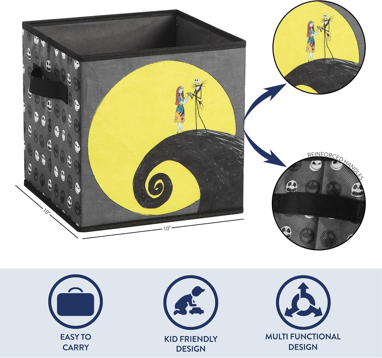 Nightmare Before Christmas Jack and Sally Storage Cubes - Durable 10"x10"x10" with Handles