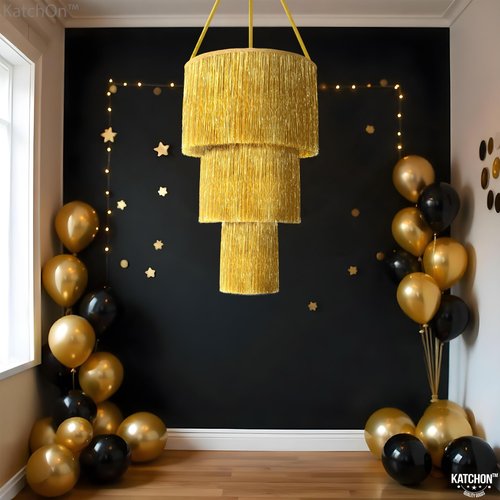 KatchOn, Gold Tinsel Chandelier Party Decor - 20 Inch | Gold Chandelier for New Years Eve Ceiling Decorations | New Years Decorations 2026, Gold Party Decoration, New Years Eve Party Supplies 2026