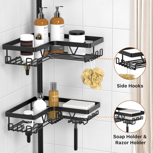 KEGII Corner Shower Organizer - 6-Tier Tension Pole Caddy | Waterproof & Rustproof, 25-114.2 Inch, Black