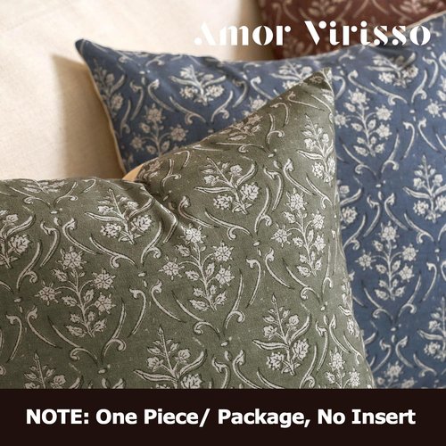 Amor Virisso Floral Pillow Covers 18x18 Inch Farmhouse Block Print Pillow Cover Accent Square Neutral Modern Decorative Throw Pillow Covers for Living Room Couch Bed Sofa Chair, Dusty Green