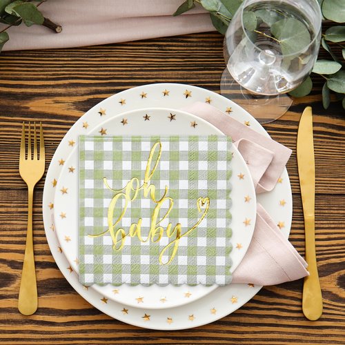 RUSPEPA 50 Pcs Baby Shower Grid Napkin Paper, 3 Ply Disposable Green with Gold Foil "Oh Baby" Text Deisgn Luncheon Cocktail Dinner Paper Napkins for New Born Party, 5 x 5 Inch, Green