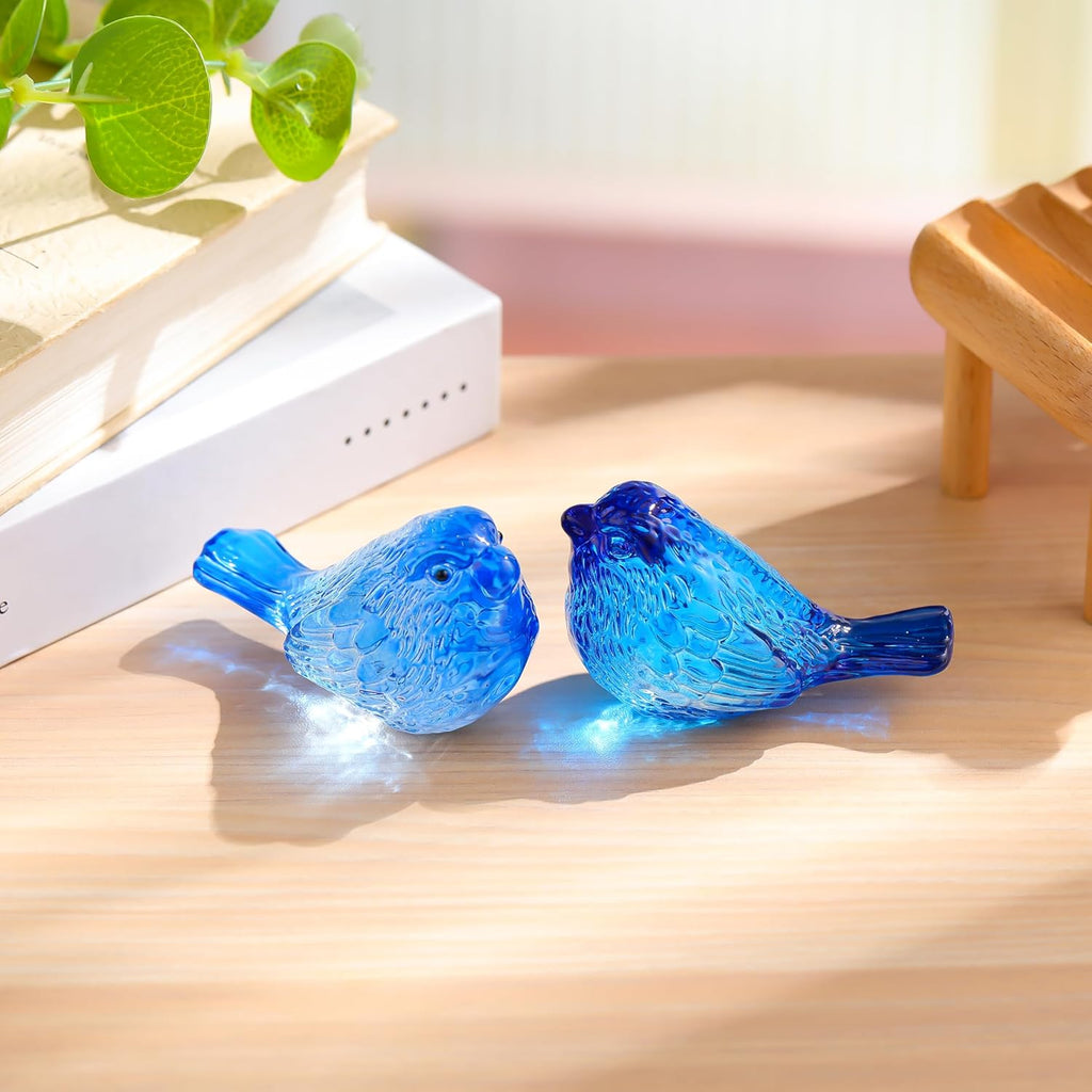 Qianwei Crystal Bird Figurine Set - Handmade Blown Glass Blue Birds for Office Desk Decor | 2PCS