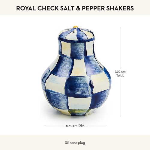 MACKENZIE-CHILDS Enamel Salt and Pepper Shakers, Kitchen Table Spice Shaker Set, Blue-and-White Royal Check, Small
