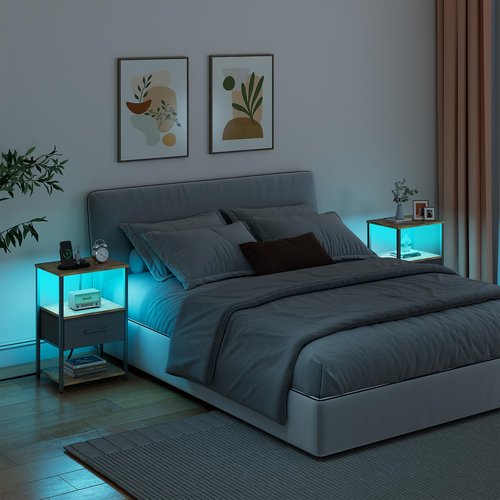 TUTOTAK LED Nightstand Set of 2, Night Stand with Charging Station, End Table, Bedside Table with Fabric Drawer, Side Table for Livingroom and Bedroom, Brown TB01BB0692L