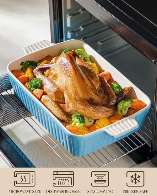 MALACASA 4.4 QT Baking Dish - Durable Ceramic Casserole Pan with Handles | 9x13 Blue Lasagna Dish