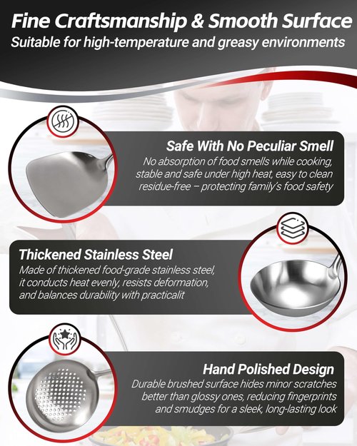 304 Stainless Steel Kitchen Utensils Set - 11 PCS All Metal Cooking Tools & 15″ Serving Utensils Set, Meat Fork, Tongs, Turner, Pasta, Serving Spoon, Skimmer, Ladle, Spatula Spoon Set