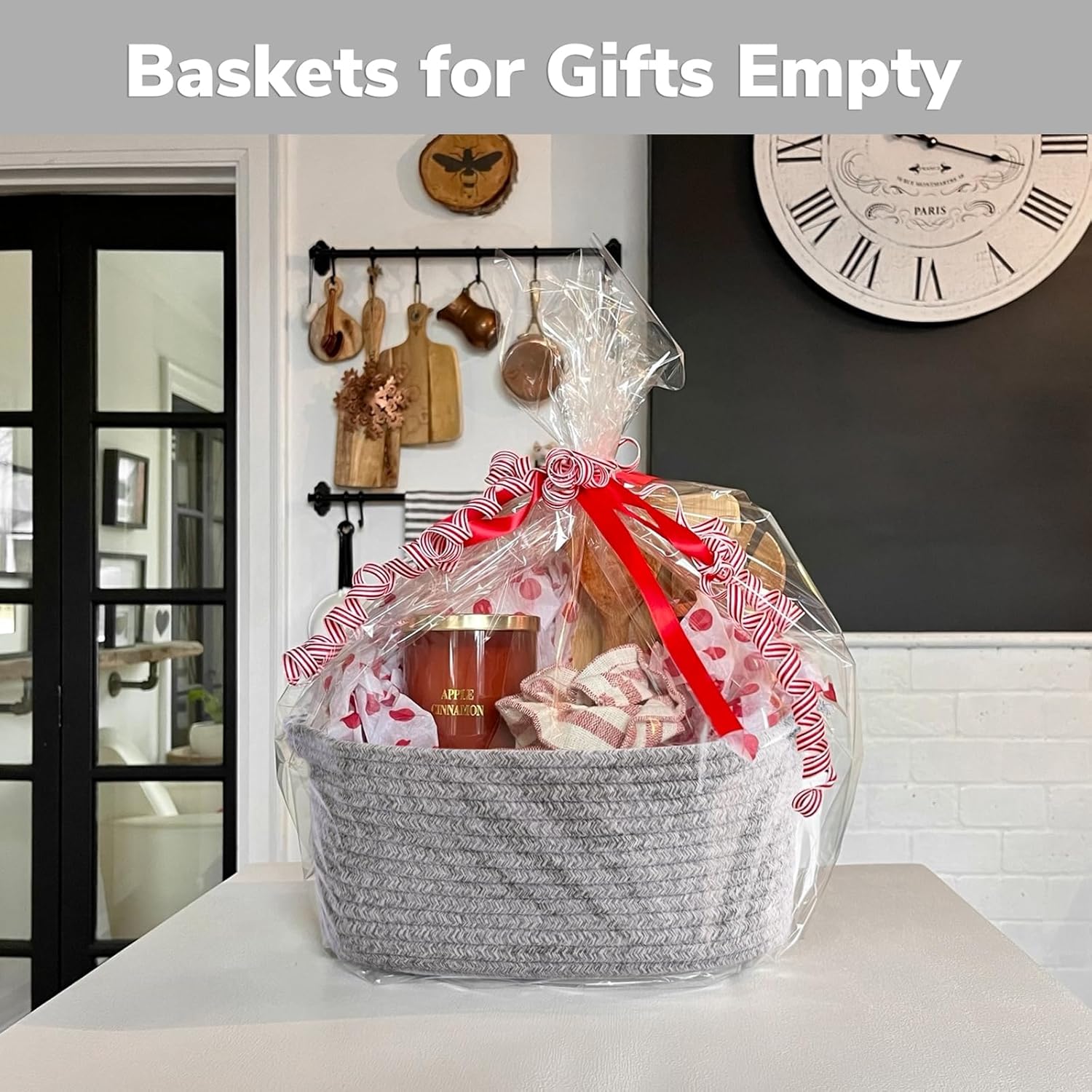 CHICVITA Decorative Gift Basket - Easter Basket for Kids | Woven Rope Storage Organizer, Grey, 13 x 9.8 x 5 Inches