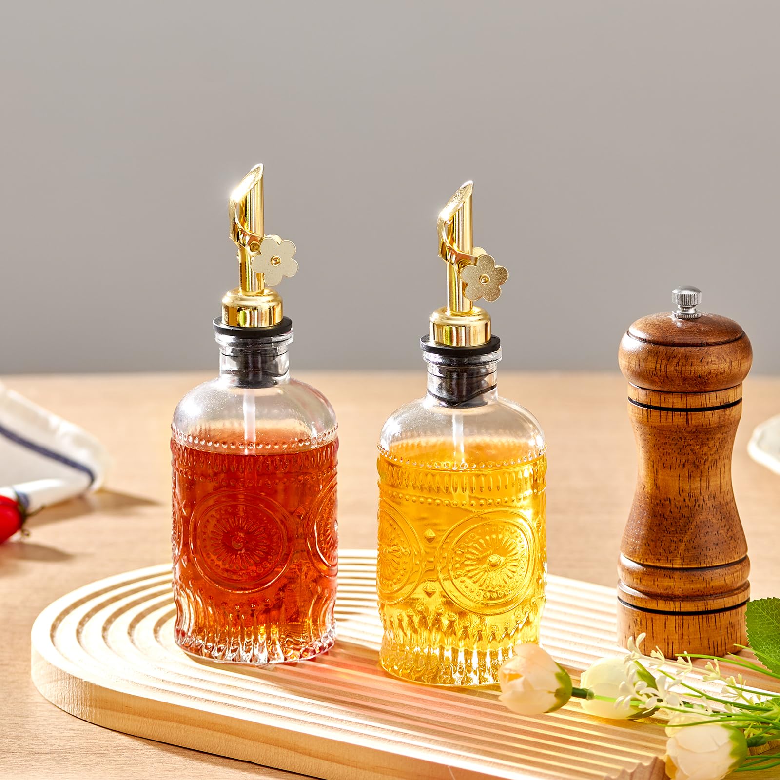 MUVEKA Olive Oil Dispenser Bottle for Kitchen, 7 oz/ 200 ml Cooking Oil Dispenser, Oil and Vinegar Dispenser Bottle Set, Glass Oil Containers with Weighted Pourer Spouts, Oak Corks