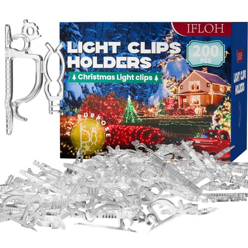 IFLOH Holiday Light Clips [Set of 200] Christmas Outdoor Light Clips - Mount to Shingles & gutters - Works with Mini, C6, C7, C9, Rope, Icicle Lights - No Tools Required