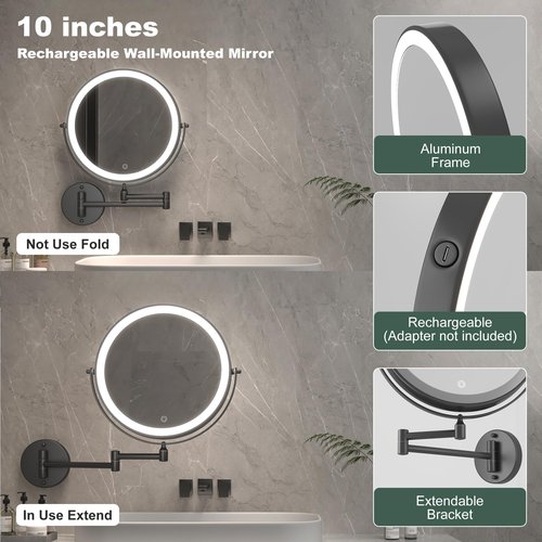 Hasipu 10-Inch Wall Mounted Makeup Mirror with Magnification, Rechargeable 3000 mAh Vanity Mirror with Lights, Bathroom Mirror with Dimmable Brightness, 3 Lighting Modes, Extendable Arm, Black