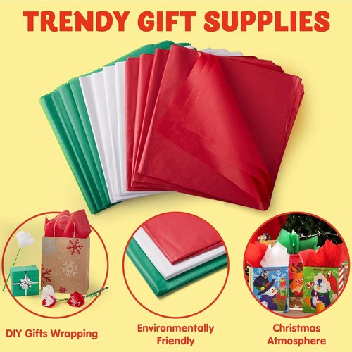 JOYIN Christmas Tissue Paper Assortment - 180 Sheets (20" x 20") in Red, Green & White | Perfect for Gift Wrapping