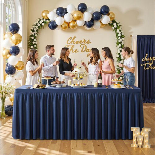 2 Pack Navy Blue Rectangle Tablecloth 8 FT Stretch Spandex Fitted Table Cloth for 8 Foot Rectangle Tables Banquet Tablecloths Wrinkle Free Table Cover Skirt Stitch Ruffle Tablecloth for Party Wedding