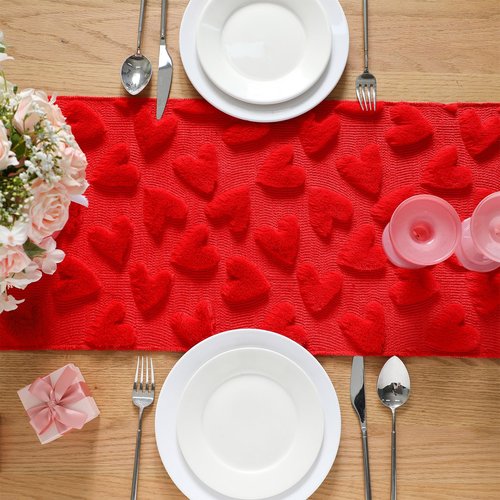 Windkream Valentine's Day Decor Table Runner 13 x 72 Inch Red Heart Soft Plush Faux Fur 3D Jacquard Table Runner Romantic Valentine's Day Decorations for Home Dining Holiday Wedding Party Decor