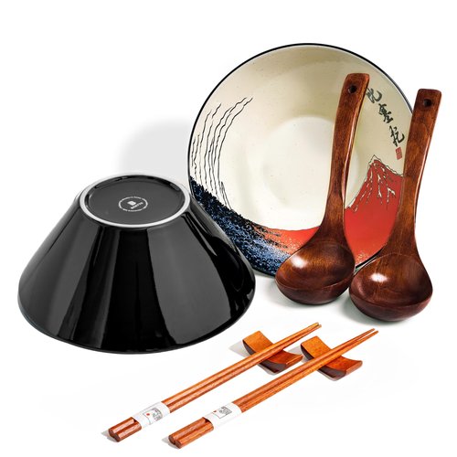 BICETTO Japanese Ramen Bowl Set with Red Fuji Design - 60oz Large Ceramic Bowls, Spoons, Chopsticks for Ramen, Pho, Salad, Poke - Premium Gift for Ramen Lovers - Microwave & Dishwasher Safe