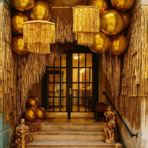 Hahafelt 6 Pcs Graduation Party Decorations 1920s 2 Tier Tinsel Chandelier Foil Fringe Tassels Trim Shiny Hanging Ceiling Fringe Banners for 1920s Disco Birthday Grad Party Props(Gold)