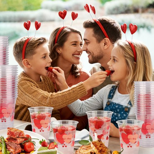 DEALIGHT 50 Pcs 12oz Valentine's Day Plastic Cups Clear Disposable Cups with Pink Hearts | Valentine Party Cups, Galentine's, Party Supplies, Bulk Drinkware