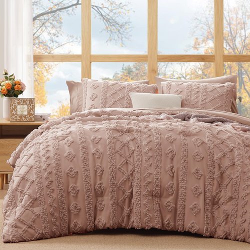 WRENSONGE Queen Comforter Set with Sheets - 7 Pieces Rusty Pink Tufted Bed in a Bag Queen Shabby Chic Bedding Sets with 1 Comforter, 2 Sheets, 2 Pillowcases & 2 Shams