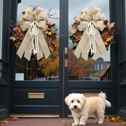 Craflox Christmas Netural Striped Wreath Bows, 2Pcs Farmhouse Beige Striped Burlap Bows Tree Ornaments Decor, Hanging Ornament Bow for Wedding, Holiday and Party Decor