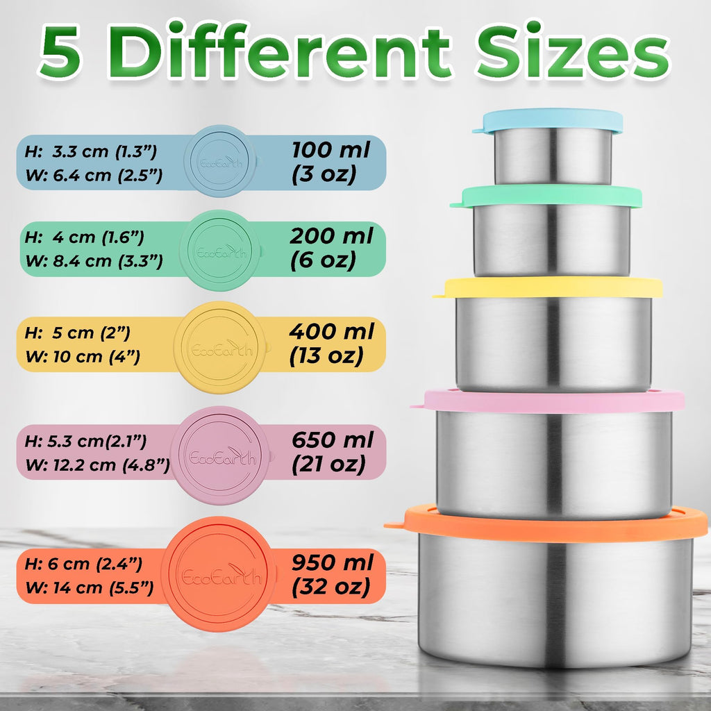 EcoEarth - Stainless Steel Food Storage Containers with Silicone Lids - Stackable Set of 5, Round Nesting Sizes - Meal Prep & Snack Lunch Box Supplies - Plastic Free, Airtight & Leakproof for Travel