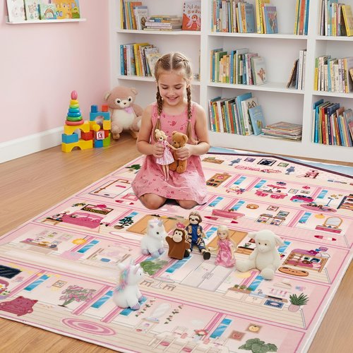 Rug&Play 4x6 Ultra Soft Pink Dollhouse Play Rug for Girls Room – Washable Non-Slip Area Rugs for Kid Bedroom & Kids Playroom Decor – Pink Princess Carpet for Girl & Toddler