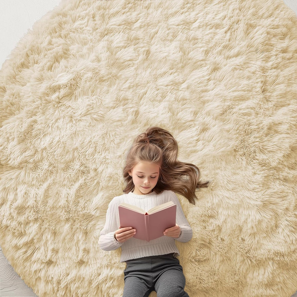 OLANLY Cream Round Area Rug - Soft, Fluffy, Machine Washable 8 ft Circle Carpet for Bedroom & Living Room Decor