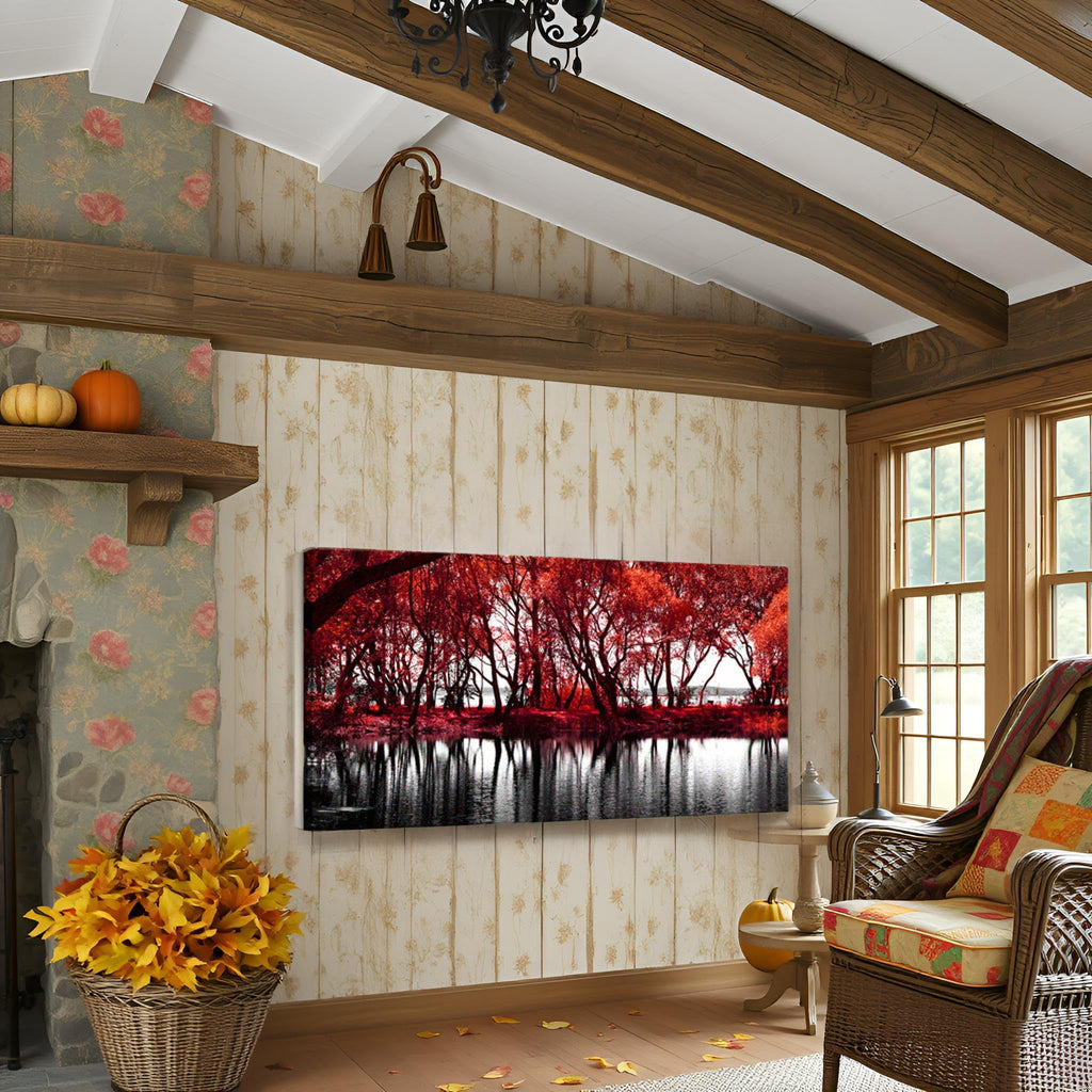 LevvArts Black and White Red Canvas Wall Art Autumn Tree Forest by Lake Pictures Fall Landscape Painting Modern Home Living Room Kitchen Decor Giclee Artwork Framed Ready to Hang 24x48 Inch