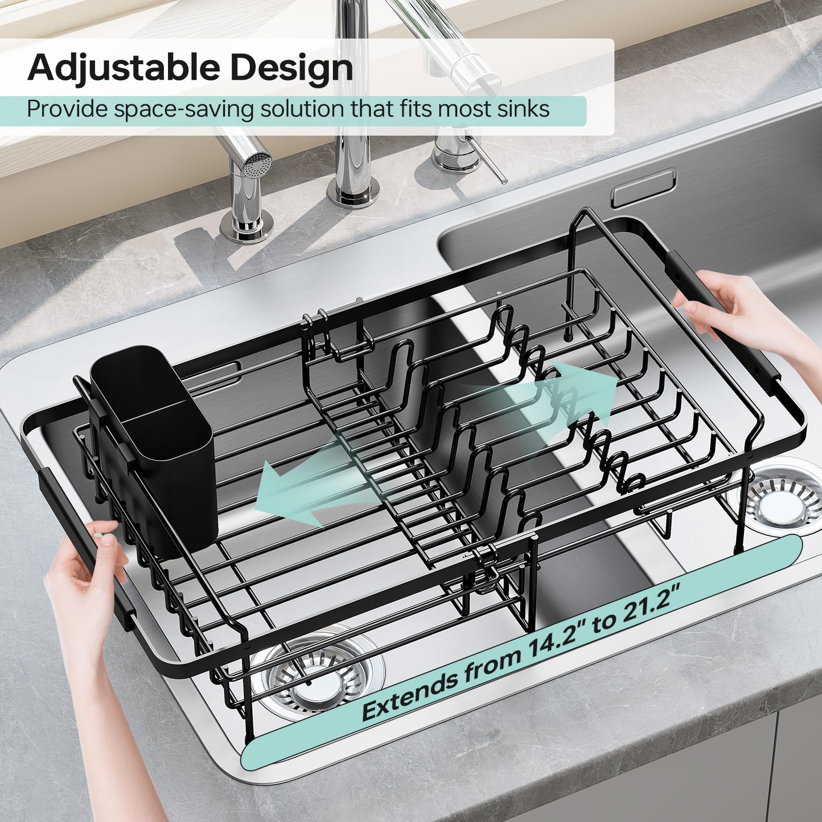 Urackify Dish Drying Rack in Sink - Expandable (14.5''-18''L) Over The Sink Dish Rack with Utensil Holder, Space-Saving Dish Drainer for Kitchen Counter, 1 Piece, Matte Black
