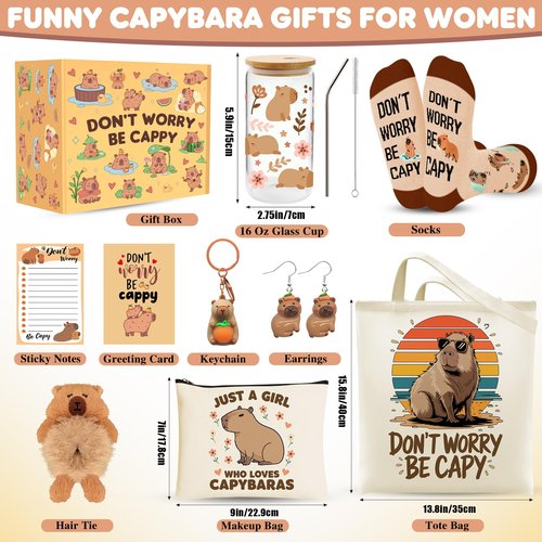 WOFIROY 10 Pieces Capybara Gifts for Women, Cute Capybara Stuff with 16 Oz Glass Cup Tote Bag Makeup Bag Socks Hairband Keychain Sticky Notes Earrings for Capybara Lover Birthday Christmas Gift